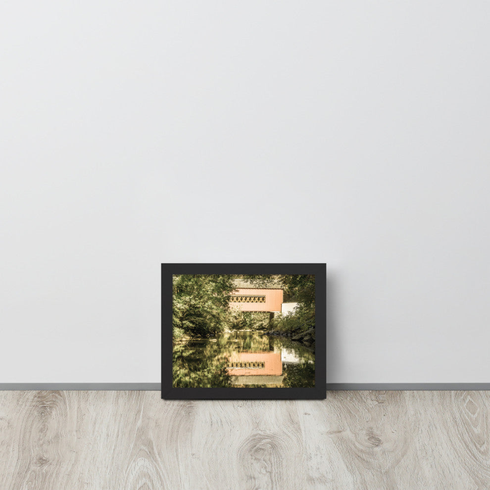 The Reflections of Wooddale Covered Bridge Aged Framed Photo Wall Art Print, Black, 8" X 10"