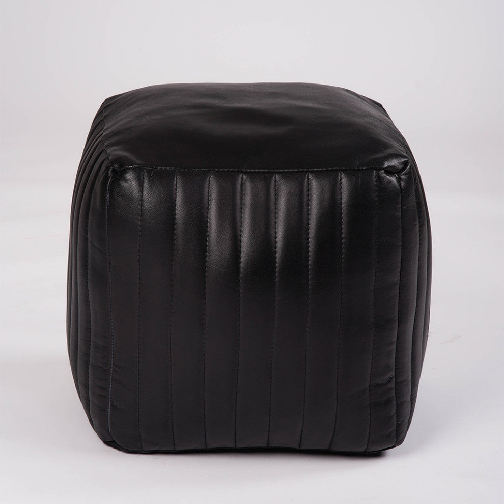 Poufs-Solid Handmade Goat Leather Pouf, Recycled Cotton Fill, Black, 14x14x14