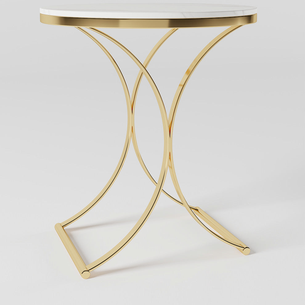 Modern Luxurious Round White Marble Stone Side Table X-Base End Table, White
