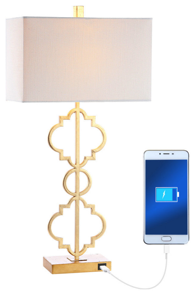 Selina 32" Iron Ogee Trellis Modern LED USB Table Lamp, Gold by JONATHAN Y