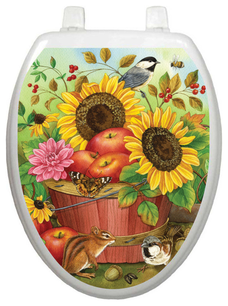 Fall Basket Toilet Tattoos Seat Cover, Vinyl Lid Decal, Bathroom Accent, Elongated