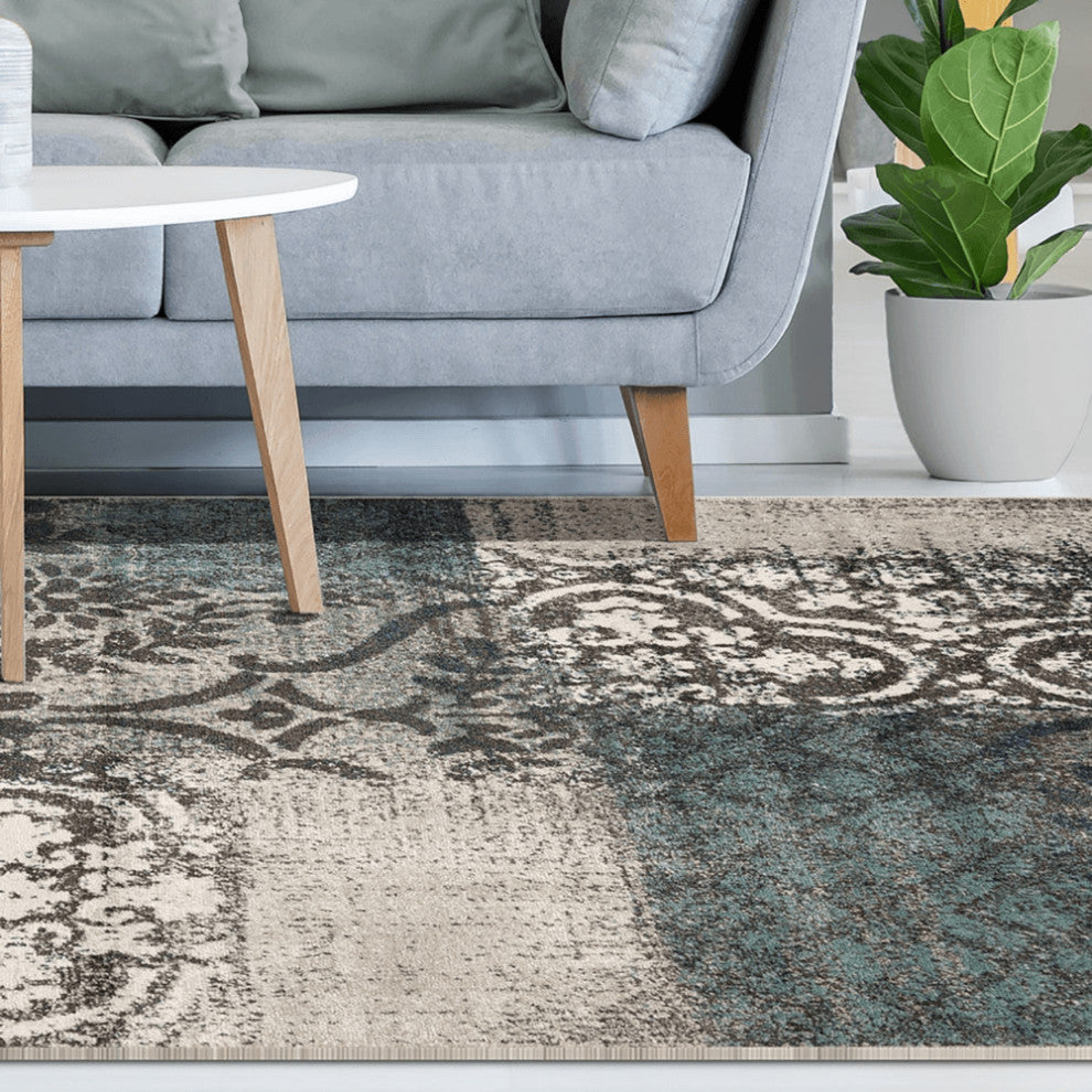 8' X 10' Teal And Gray Damask Distressed Stain Resistant Area Rug