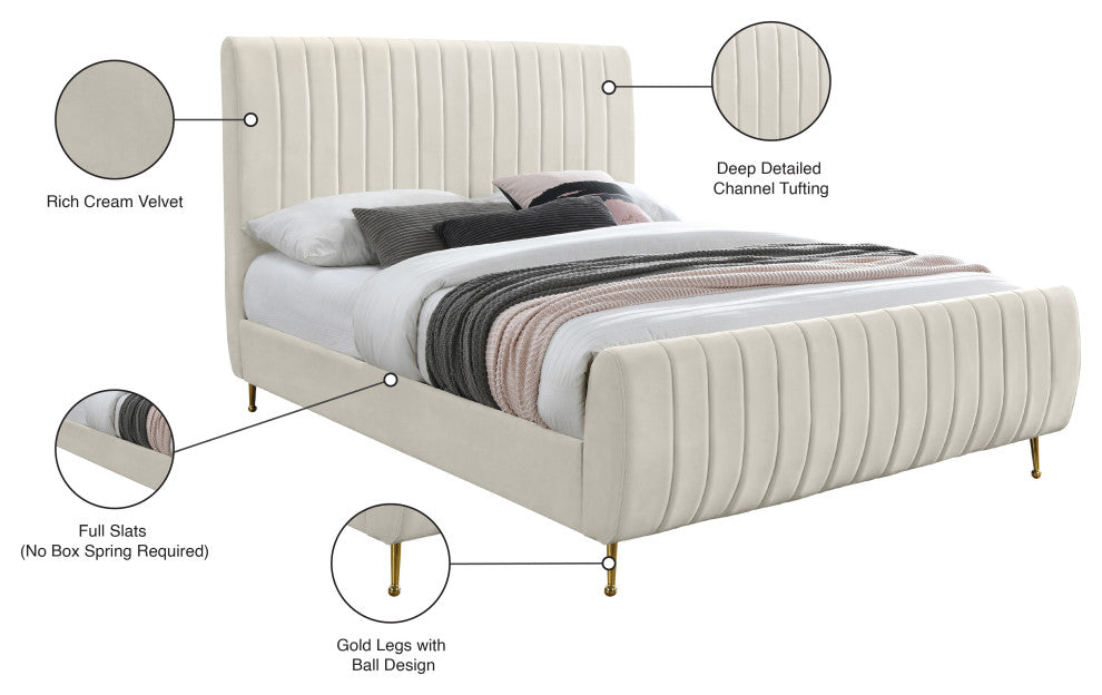 Zara Channel Tufted Velvet Upholstered Bed With Custom Gold Legs, Cream, Full