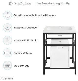 Ivy 24" Freestanding Bathroom Vanity in Glossy White with Matte Black Frame