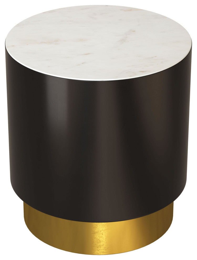 Sofa Side Table, Round, Artificial Marble, Iron Metal, White, Black, Gold