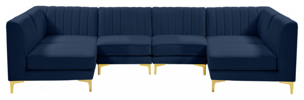 Alina Velvet Modular U-Shaped Sectional, Navy, 6-Piece: 4 Armless Chair, 2 Corner Chair