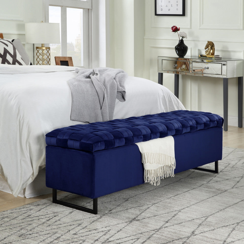 Inspired Home Johnathan Storage Bench Upholstered, Navy Velvet