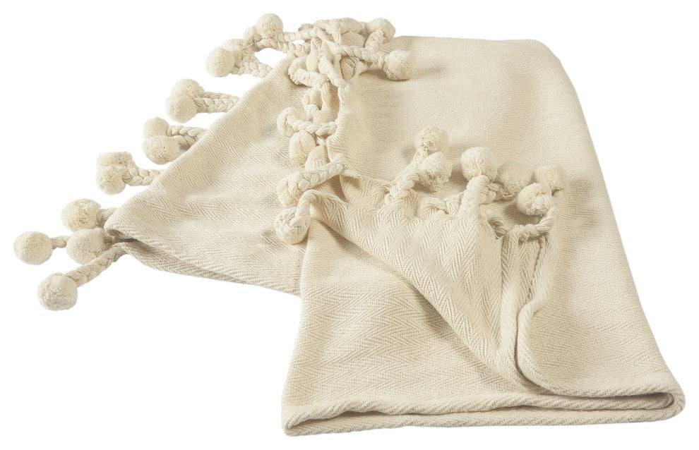 Cream Embroidered Chevron With Braided Fringe Throw Blanket