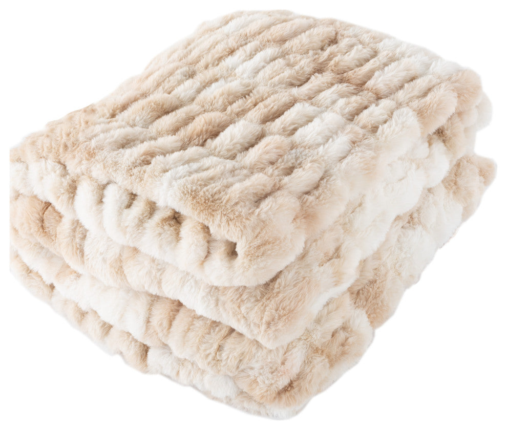 Oversized Ruched Faux Fur Blanket Jacquard Faux Fur Queen-Size Throw, Cream