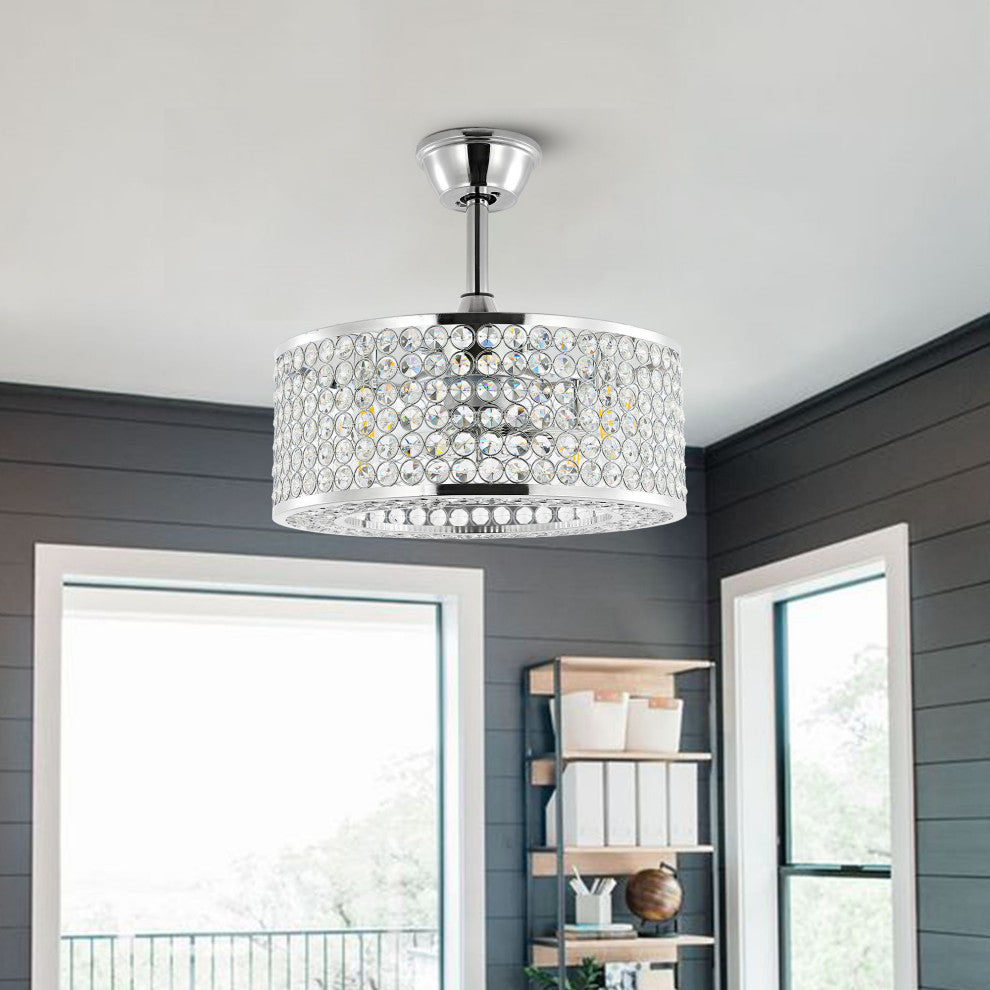 18" Caged Crystal Ceiling Fan with Light Kit and Remote Control, Chrome