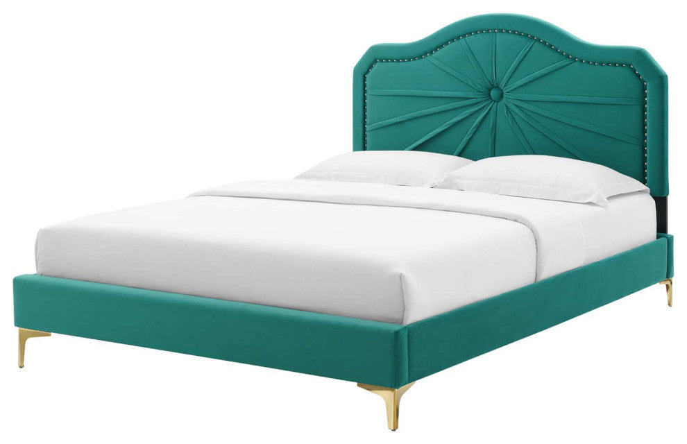 Platform Bed Frame, Twin Size, Velvet, Teal Blue, Modern Contemporary, Bedroom
