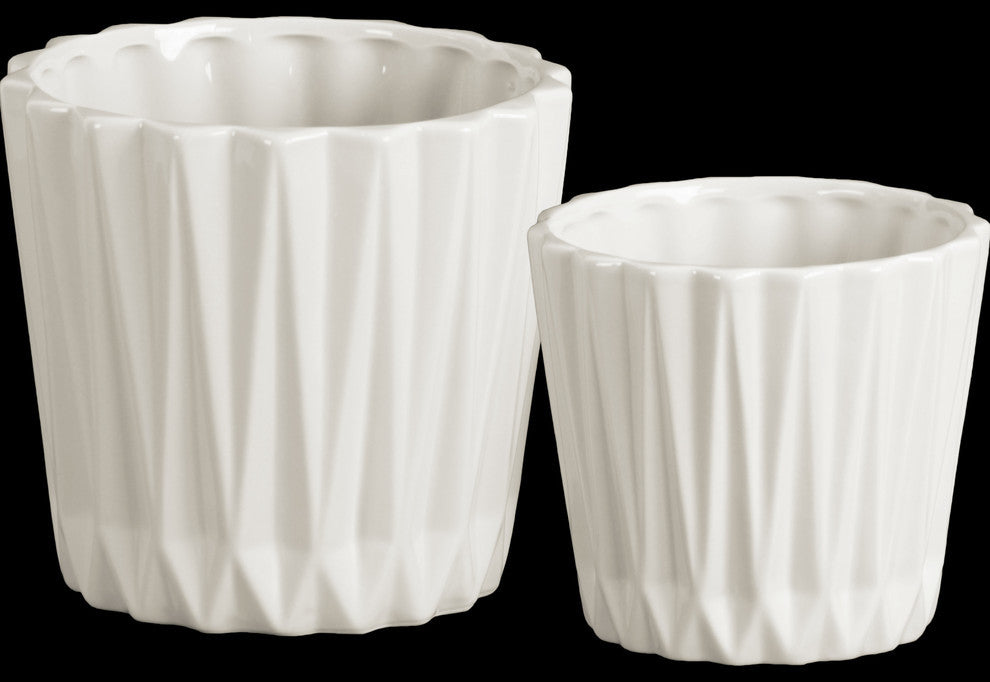 Ceramic Round Vases With Ribbed Design Body, Tapered Bottom, 2-Piece Set, White