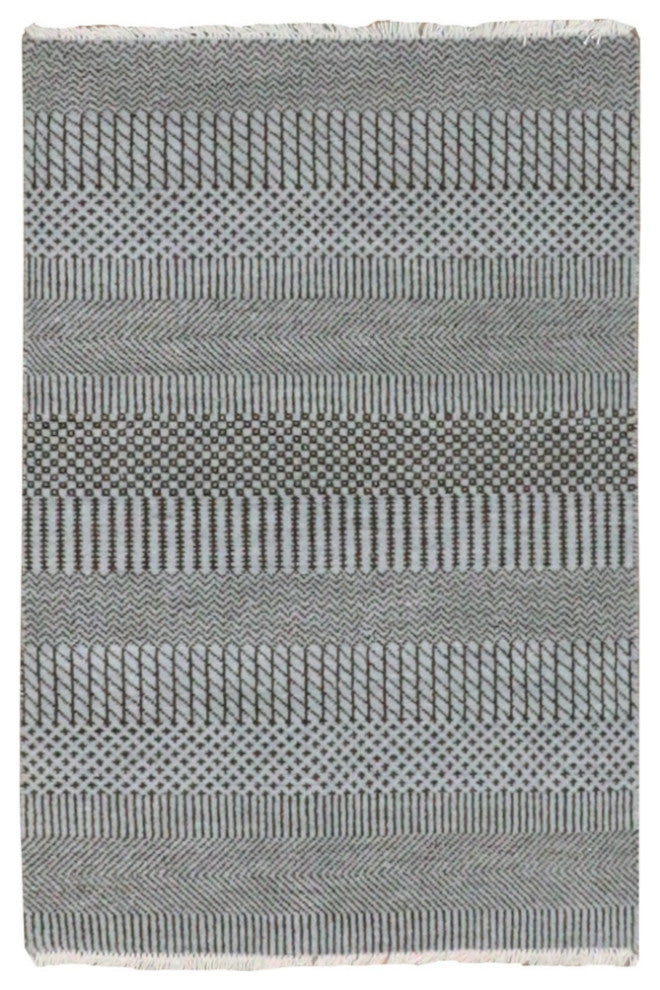 Chrome Gray Dyed 100% Wool Modern Grass Design Hand Knotted Mat Rug, 2'2"x3'3"