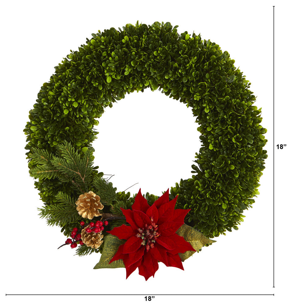 18" Tea Leaf, Poinsettia and Pine Artificial Wreath