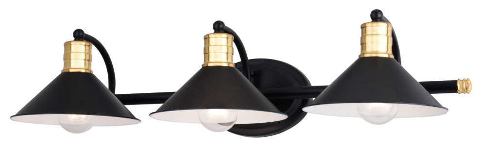 Akron 3 Light Vanity Matte Black and Natural Brass with Matte White