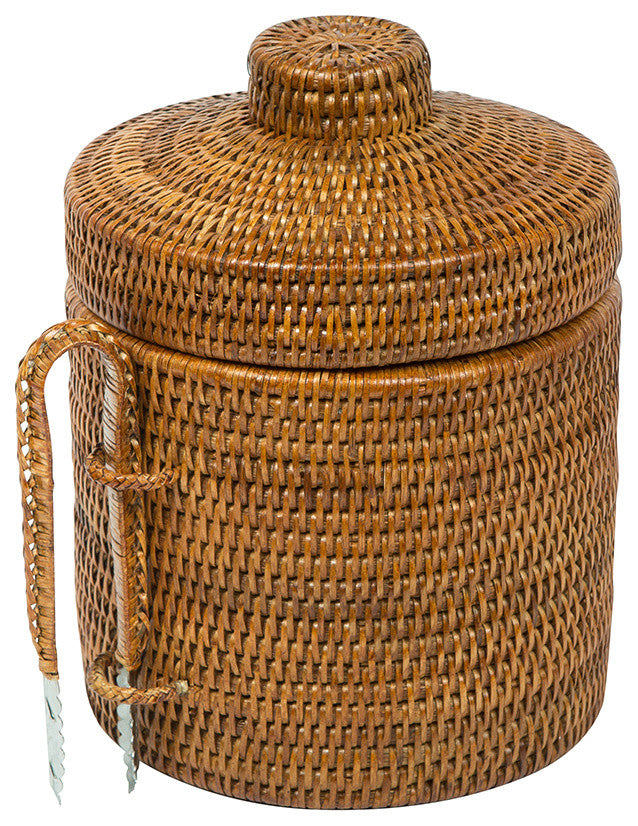 La Jolla Rattan Ice Bucket With Ice Tongs, Honey-Brown