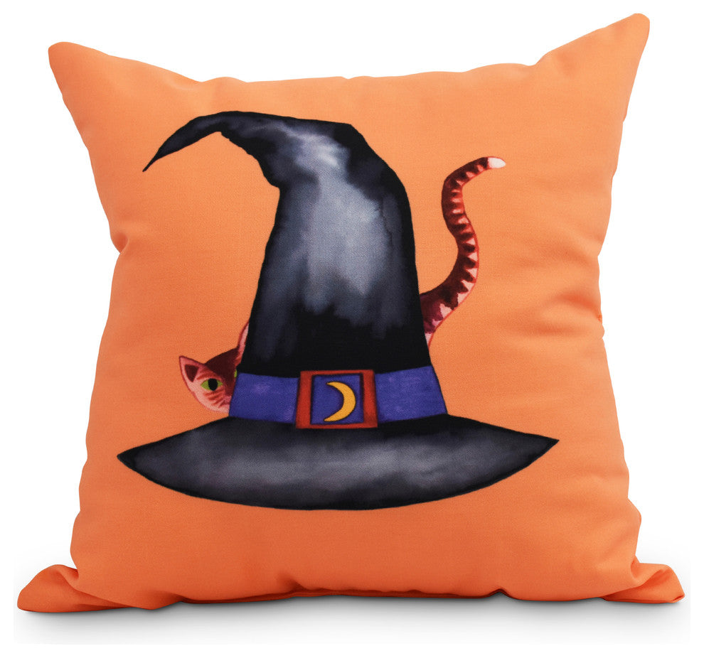 Cat Behind the Hat 18" Orange Halloween Print Decorative Throw Pillow