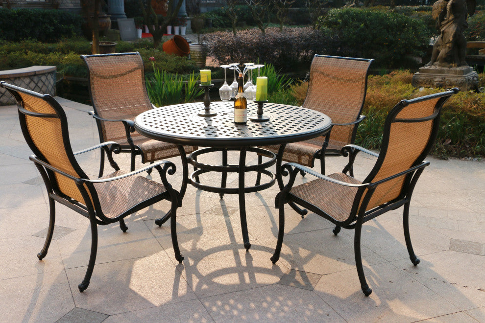 5-Piece Aged Bronze Aluminum Round Dining Set With 4 Sling Chairs, Dark Lava Bronze