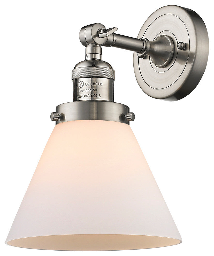 Large Cone 1-Light LED Sconce, Brushed Satin Nickel, Glass: Matte White Cased