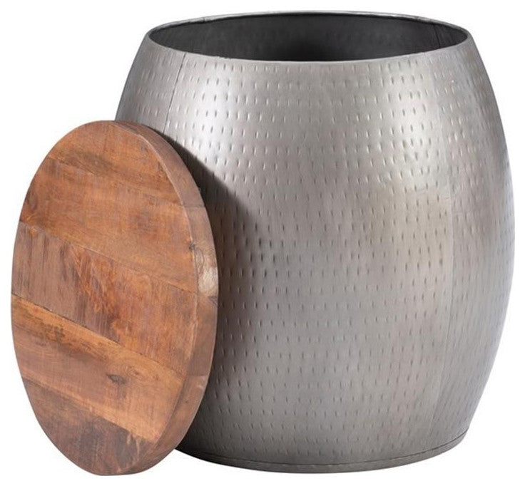Linon Reid Metal and Wood Drum Side Table with Storage in Silver