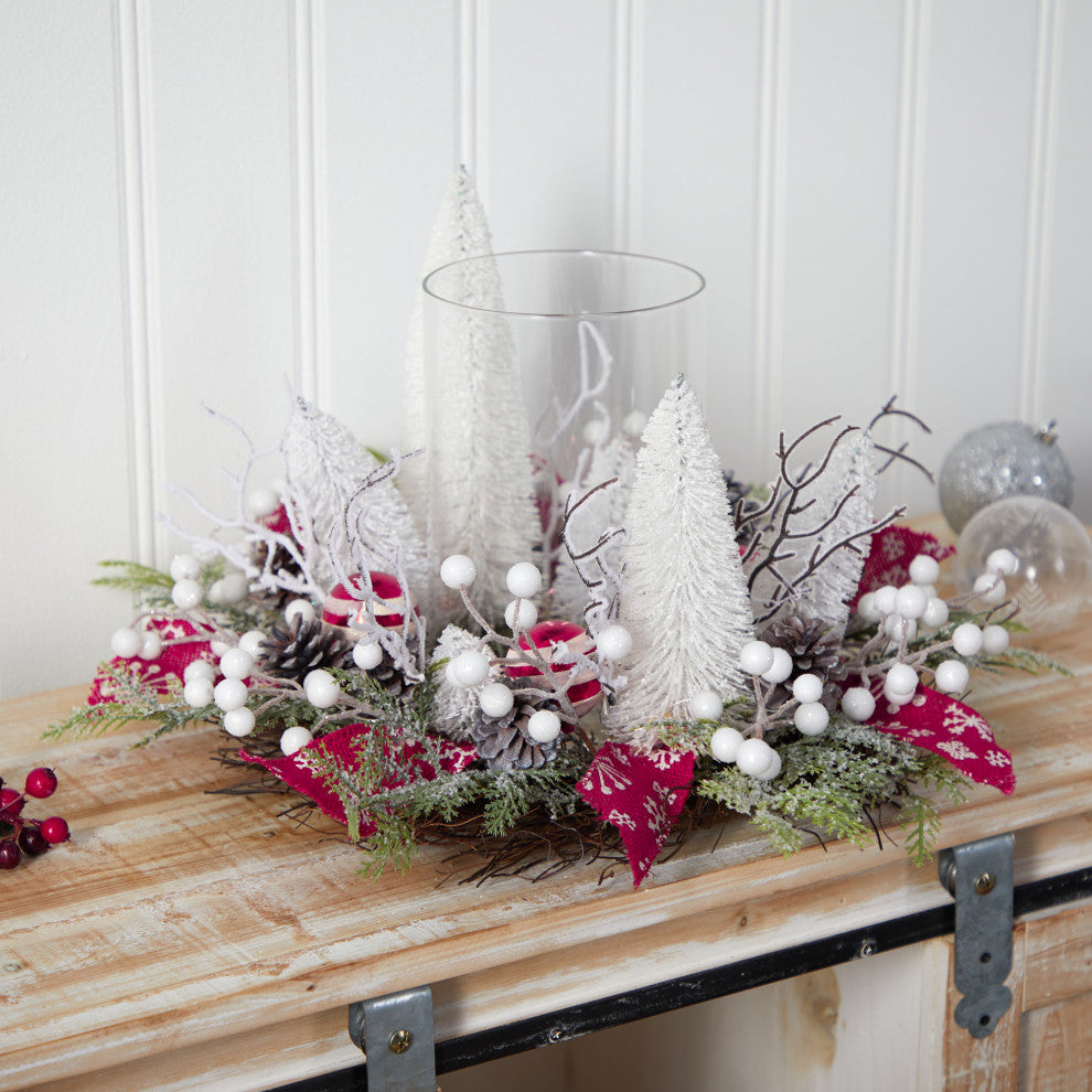 15" Holiday Lighted Forest Candle Holder Table Christmas Artificial Arrangement