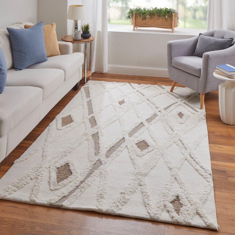 Weave & Wander Elika Moroccan Hand Tufted Wool Area Rug, Ivory/Brown, 10'x14'