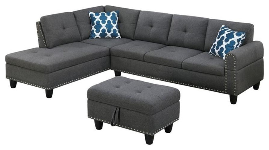 Devion Furniture Polyester Fabric Sectional Sofa with Ottoman-Gray