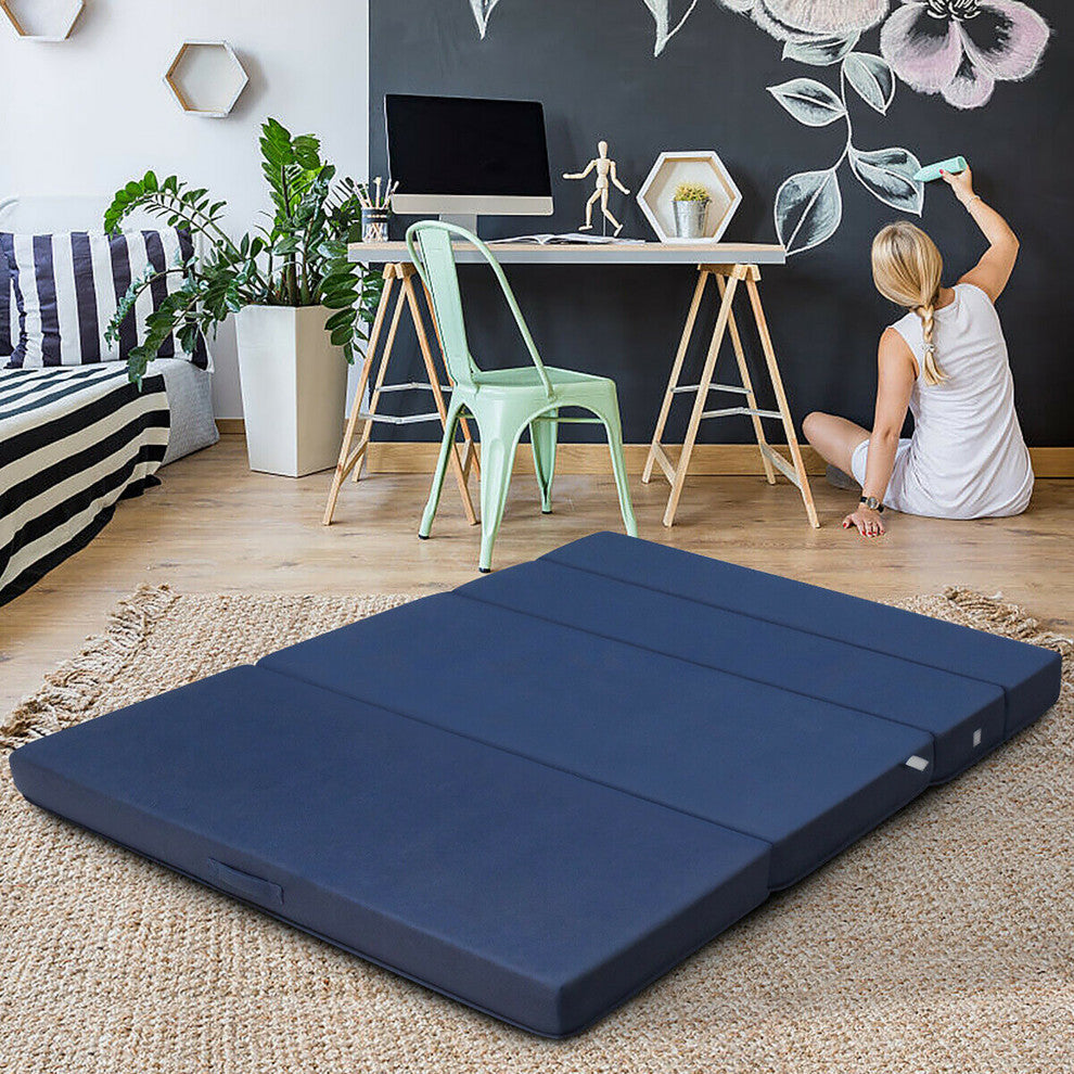Queen Size 4'' Quart -Fold Foam Folding Mattress Futon Sleepover Sofa Bed Guest