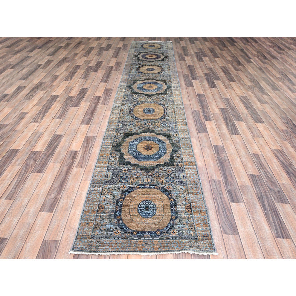 Blue, Mamluk Design, Soft Wool, Hand Knotted, Runner Oriental Rug, 2'6"x13'9"