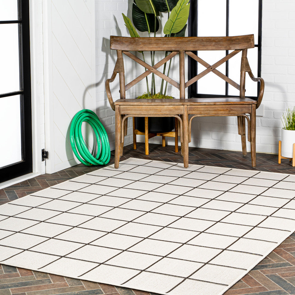 Grid Modern Squares Indoor/Outdoor Area Rug, Cream/Black, 8x10