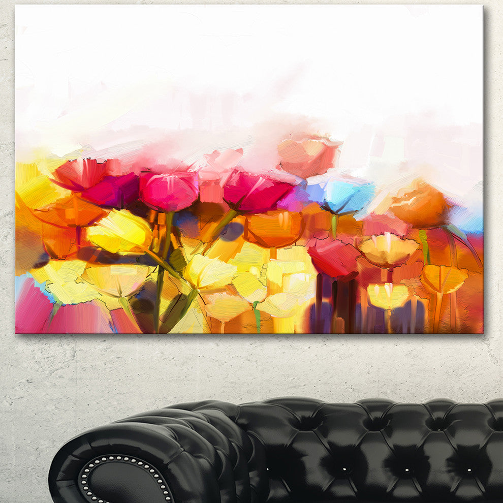 Yellow Pink Red Tulips on White, Large Floral Canvas Artwork, 40"x30"