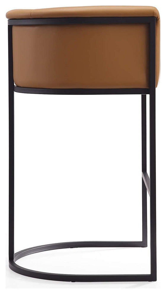Modern Bar Stool, Square Design With Metal Frame & Camel Faux Leather Seat