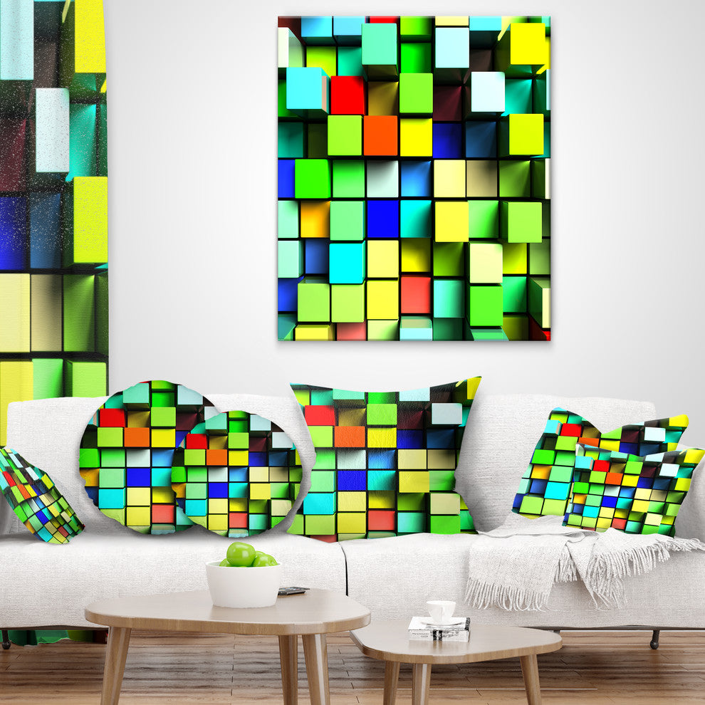 Colored 3D Cubes Wall Design Contemporary Throw Pillow, 18"x18"