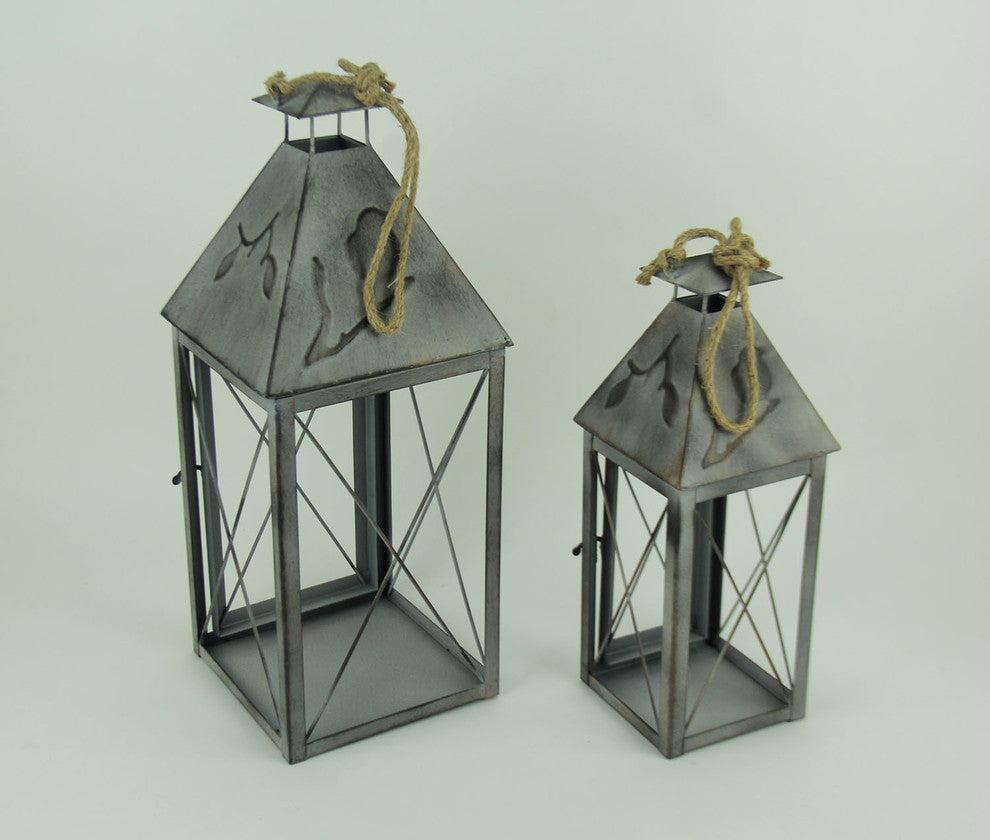 Vintage Grey Metal Bird On Branch Square Candle Lantern Set of 2