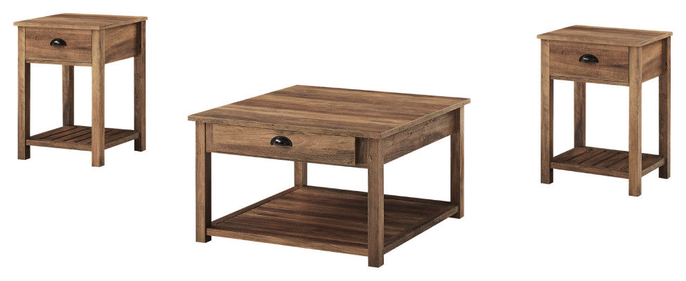 3-Piece Country Coffee Table and Side Table Set - Rustic Oak