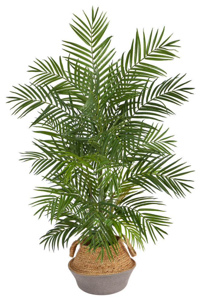 4' Areca Faux Palm Branches, Boho Chic Handmade Cotton & Jute Gray Woven Planter