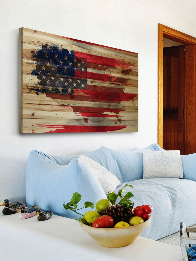 "American Map" Painting Print on Natural Pine Wood, 18"x12"