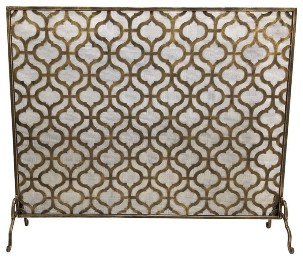 Gold Bronze Arabesque Fireplace Screen Midcentury Modern Quatrefoil Firescreen