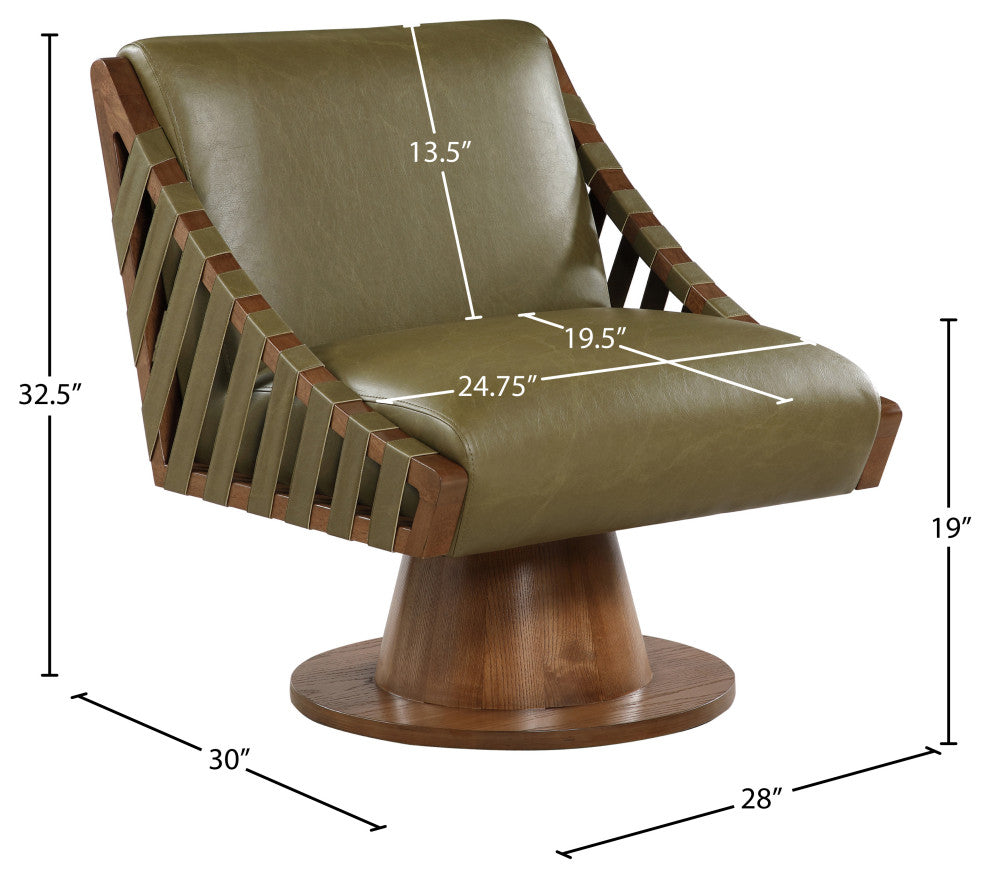 Millwin Upholstered Swivel Accent Chair, Olive, Vegan Leather, Walnut Finish