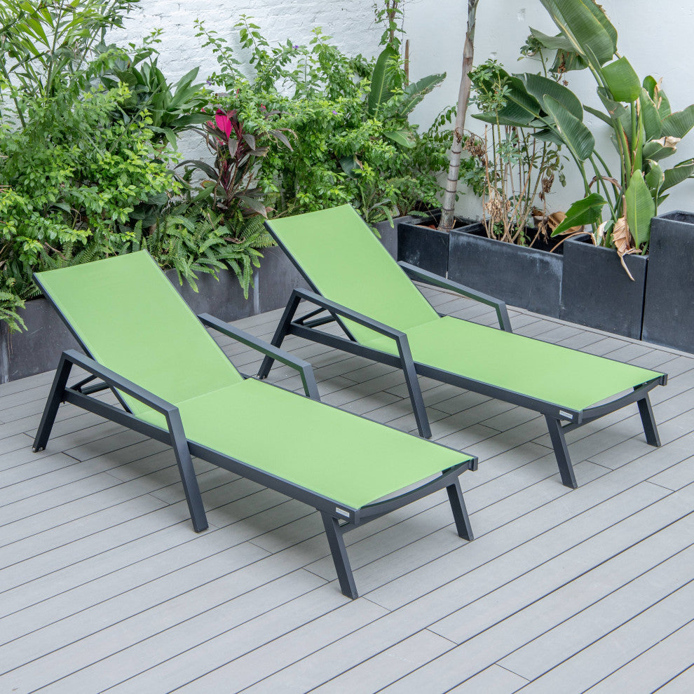 LeisureMod Marlin Outdoor Patio Stackable Chaise Lounge Chair with Arms Set of 2, Green