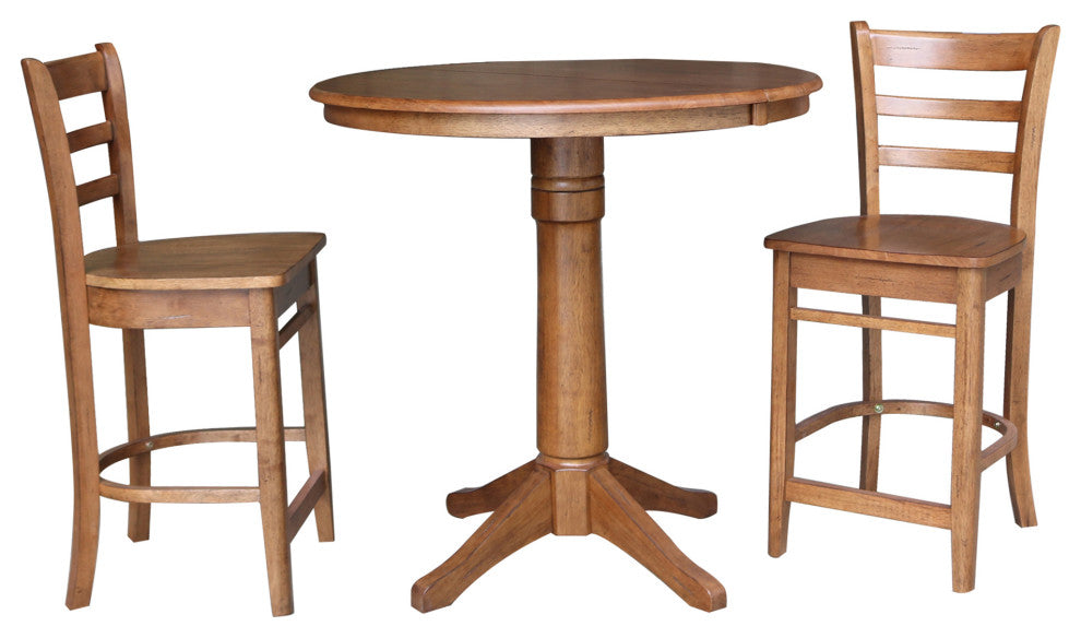 36" Round Extension Dining Table With Emily Counter Height Stools, Distressed Oak, 3 Piece