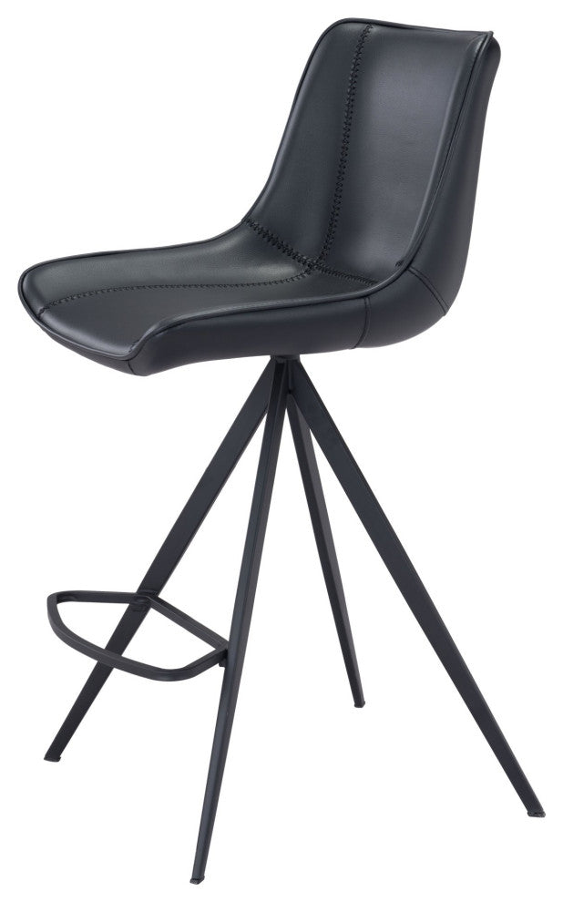 Counter Stool Chair, Set of 2, Faux Vinyl Leather, Steel, Black, Cafe Bistro