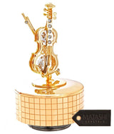 24K Gold Plated Wind Up Music Box With Crystal Studded Violin And Bow Figurine