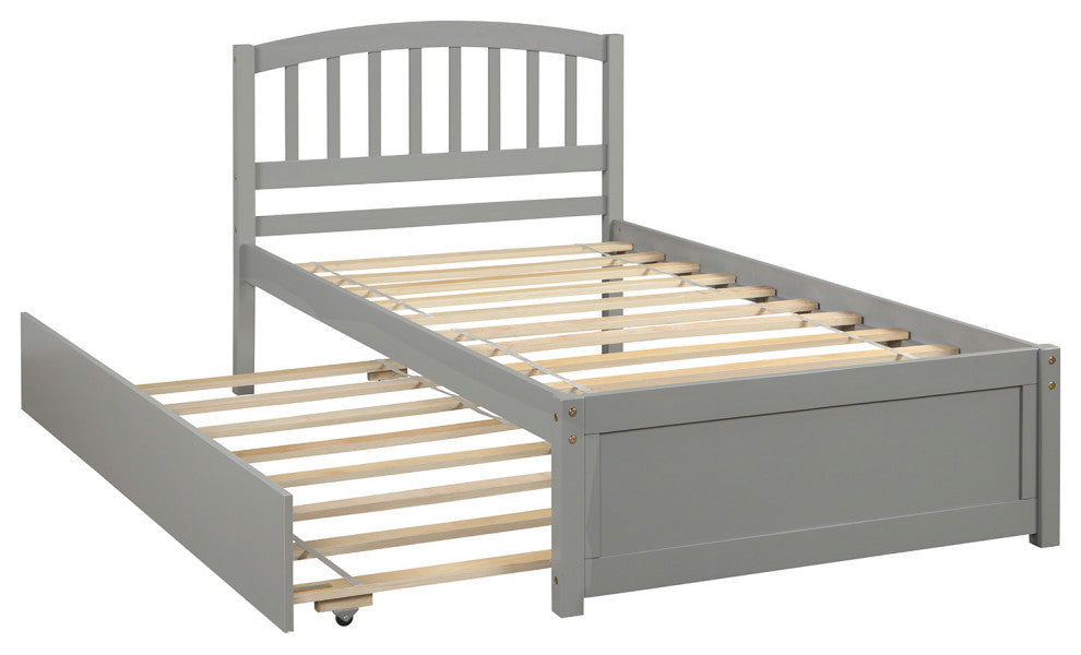 TATEUS Twin Platform Bed With Trundle, Wood Bed Frame With Headboard, Gray