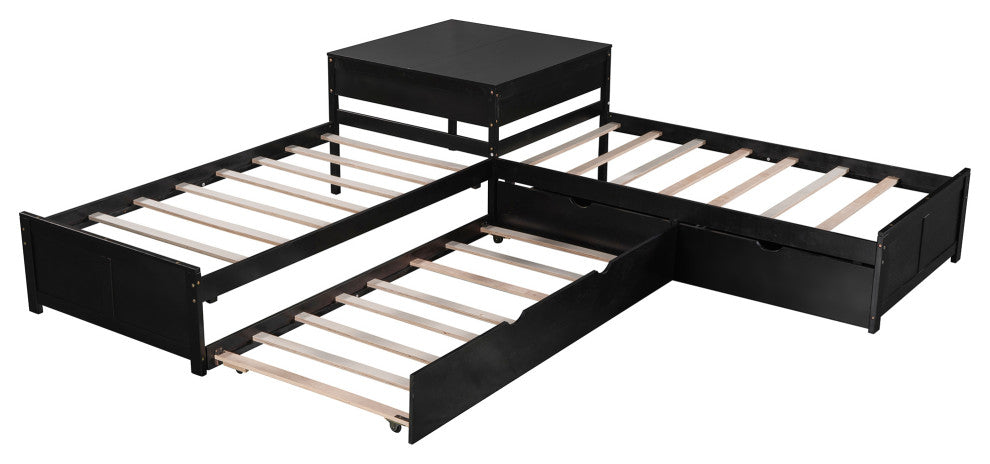 Twin Wood Frame Platform Bed with Trundle and Drawers Linked with built-in Desk,