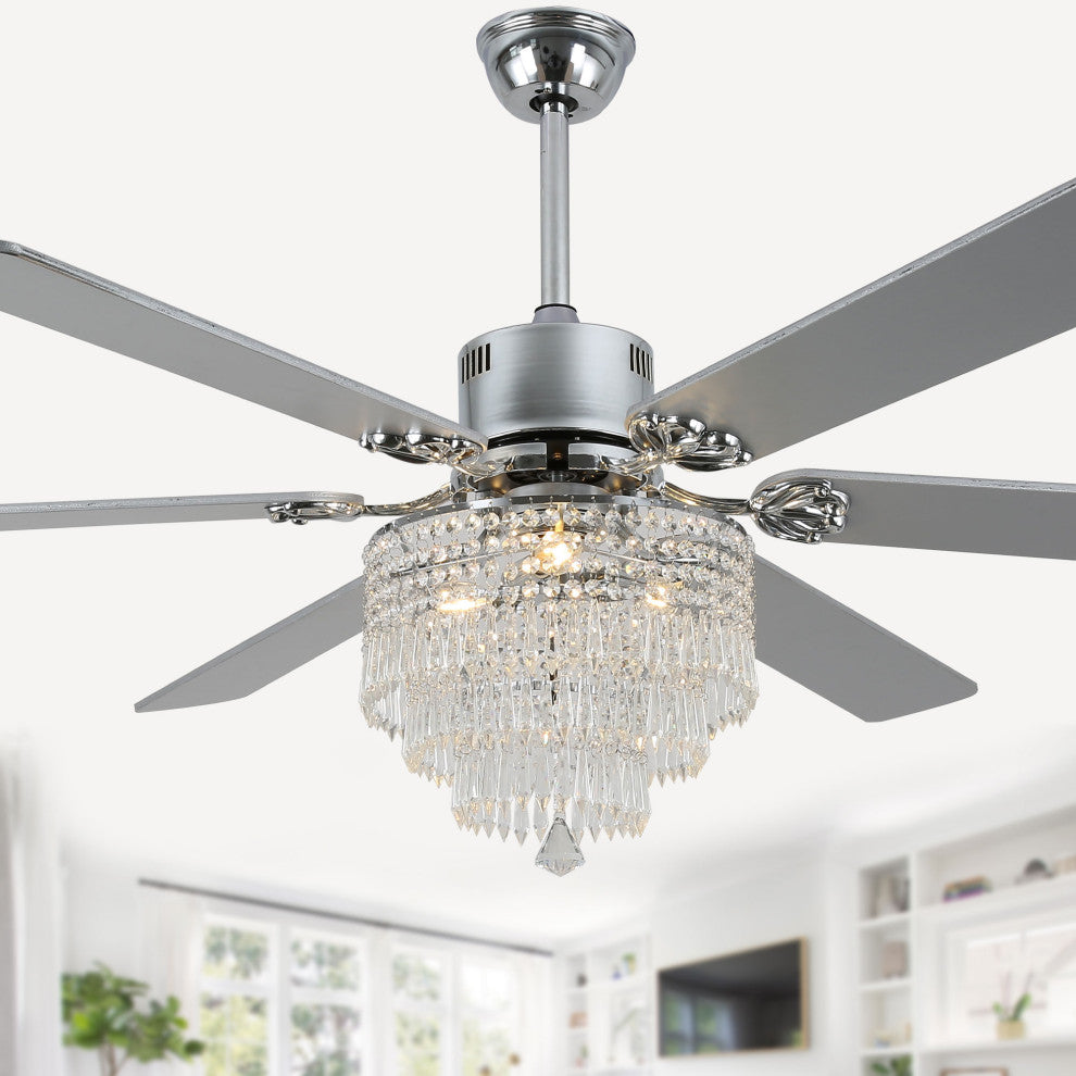 CurveCurio 65" Lagre Ceiling Fan w Crystal Light Shade and Wood Blades, Chrome