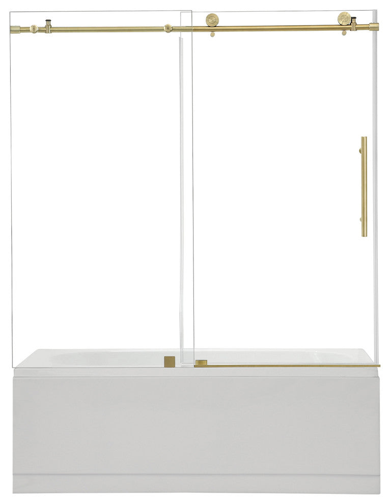 Lazaro Single Sliding Frameless Tub Door, Clear Glass, Brushed Gold, 60"wx58"h