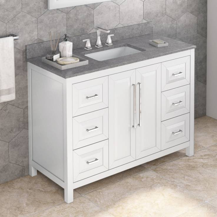 Cade Transitional 48" White Bathroom Vanity, Steel Grey Cultured Marble Vanity T