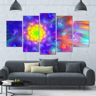 Bright Blue Fractal Petals Dandelion, Floral Canvas Art Print, 60"x32", 5 Panels
