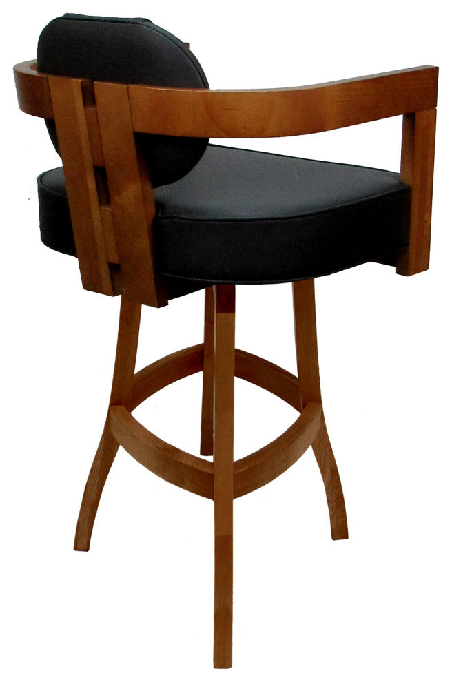 Swivel Wood Bar Stool Kadir Plus on S-Base, Black Vinyl - Honey, 34"